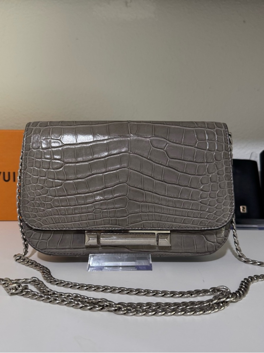 Prada Croc-Embossed Leather Crossbody Bag in Taupe Gray with Silver Hardware